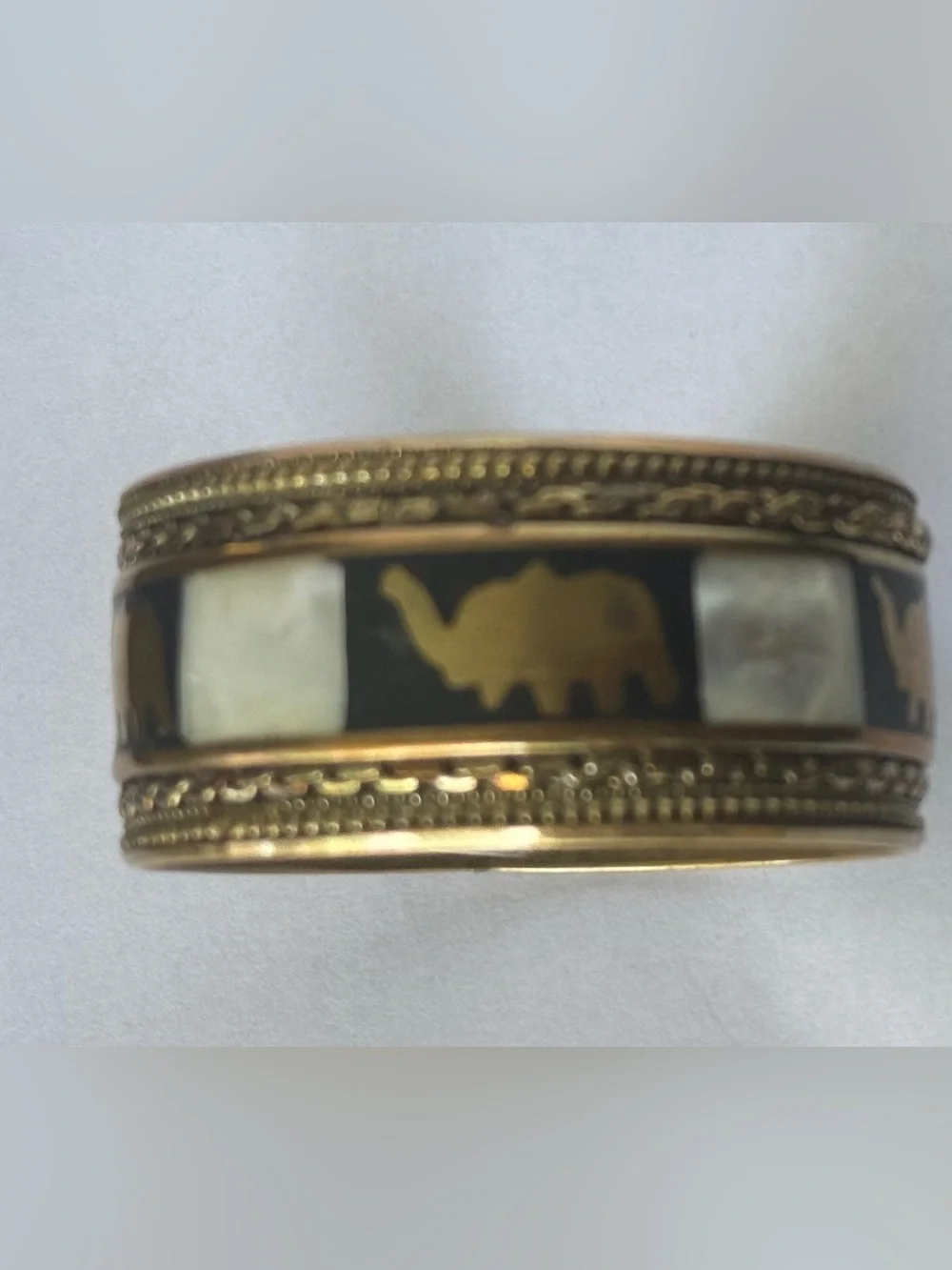 Vintage Brass Elephant & Mother of Pearl Inlay Bangle Bracelet